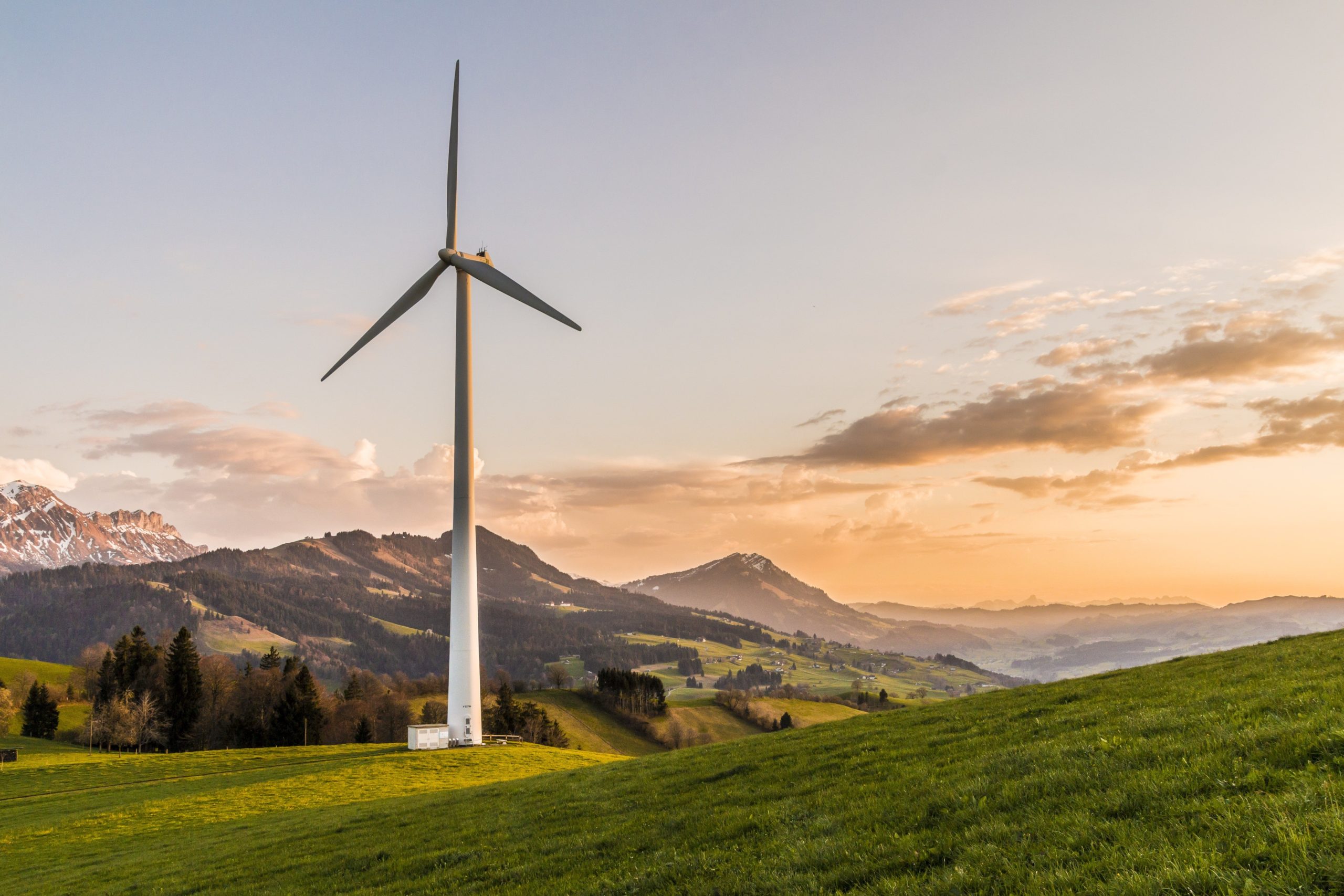 Wind turbine on a hill representing the link between renewable energy and printing
